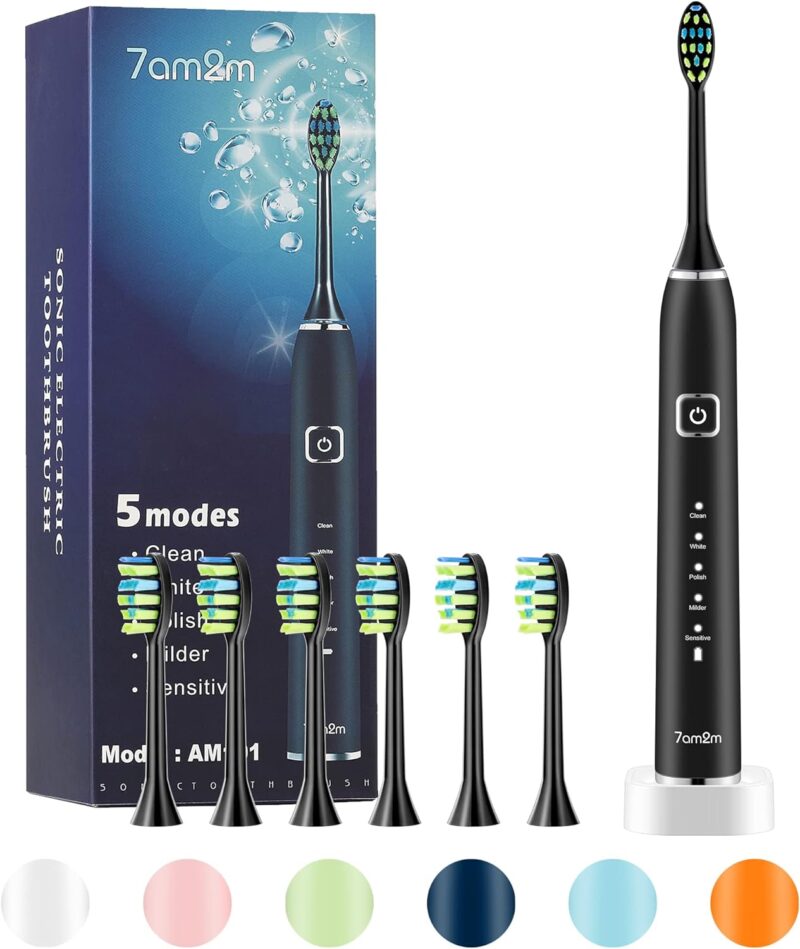 7AM2M Sonic Electric Toothbrush with 6 Brush Heads for Adults and Kids, One Charge for 90 Days, Wireless Fast Charge, 5 Modes with 2 Minutes Build in Smart Timer, Electric...