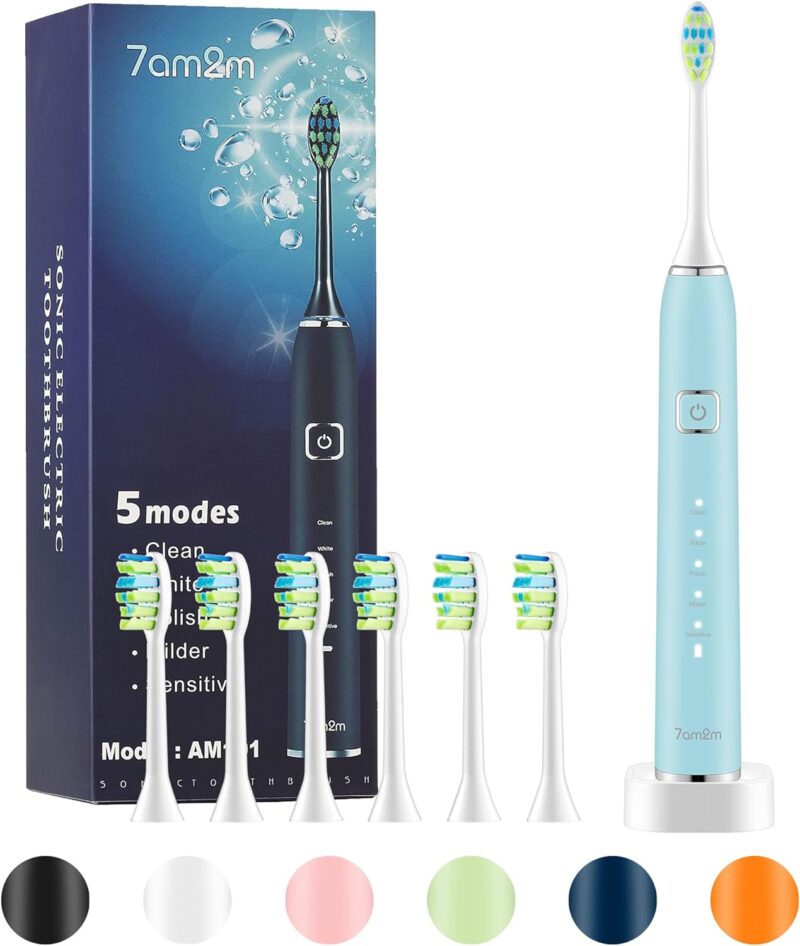 7AM2M Sonic Electric Toothbrush with 6 Brush Heads for Adults and Kids, One Charge for 90 Days,Wireless Fast Charge, 5 Modes with 2 Minutes Built in Smart Timer, Electric...