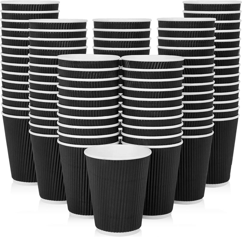 MARKQ [50 Cups] 12 oz Black Disposable Coffee Cups | Triple Wall Ripple Paper Cups | Disposable Cups for Hot & Cold Drinks | Eco-Friendly Disposable Cups