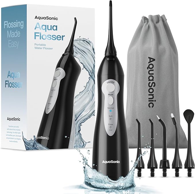 AquaSonic Aqua Flosser – Cordless Rechargeable Water Flosser for Teeth – Waterproof, Portable Oral Irrigator for Dental Cleaning with 5 Jet Tips – Braces Home Travel