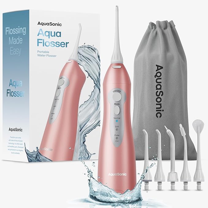 AquaSonic Aqua Flosser – Cordless Rechargeable Water Flosser for Teeth – Waterproof, Portable Oral Irrigator for Dental Cleaning with 5 Jet Tips – Braces Home Travel