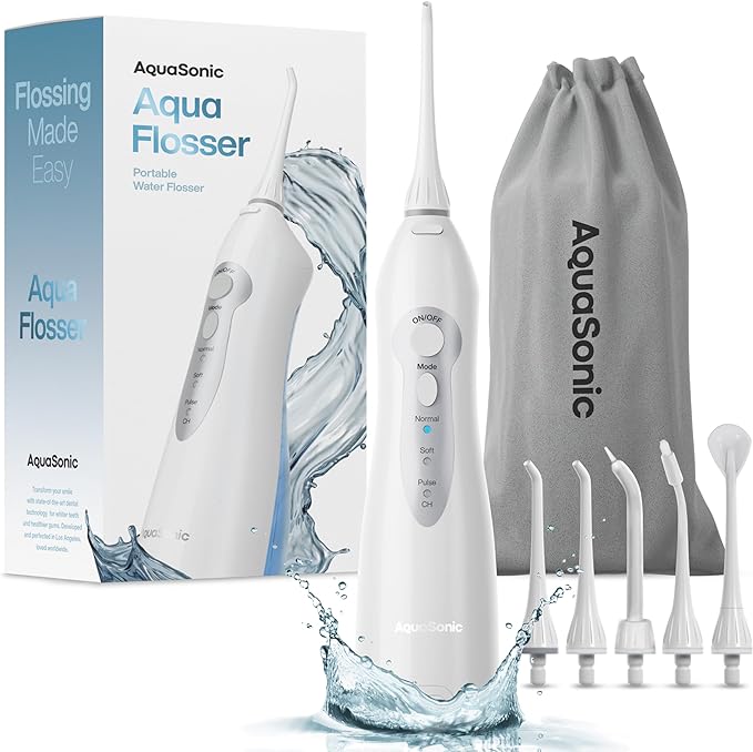 AquaSonic Aqua Flosser – Cordless Rechargeable Water Flosser for Teeth – Waterproof, Portable Oral Irrigator for Dental Cleaning with 5 Jet Tips – Braces Home Travel