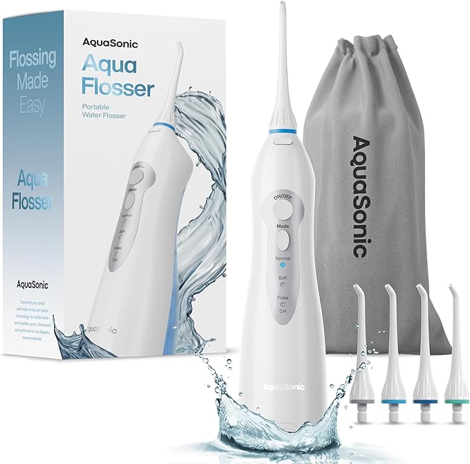 Aquasonic Aqua Flosser – Professional Rechargeable Water Flosser with 4 Tips – Oral Irrigator w/ 3 Modes – Portable & Cordless Flosser – Kids and Braces – Dentist Recommended
