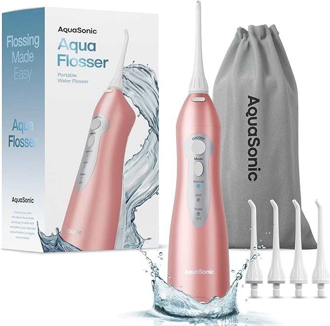 Aquasonic Aqua Flosser – Professional Rechargeable Water Flosser with 4 Tips – Oral Irrigator w/ 3 Modes – Portable & Cordless Flosser – Kids and Braces – Dentist Recommended...