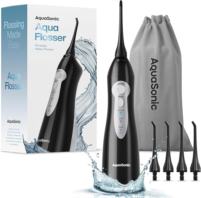 Aquasonic Aqua Flosser – Professional Rechargeable Water Flosser with 4 Tips – Oral Irrigator w/ 3 Modes – Portable & Cordless Flosser – Kids and Braces – Dentist Recommended