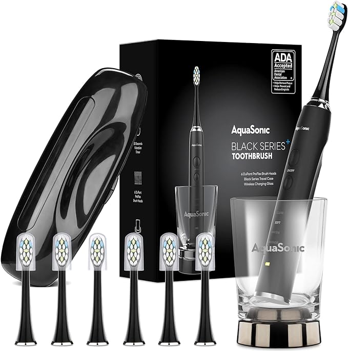 Aquasonic Black Series+ – Ultra Whitening 40,000 VPM Rechargeable Power Toothbrush – ADA Accepted – Wireless Charging Glass – 6 Proflex Brush Heads & Travel Case – 4 Modes &...