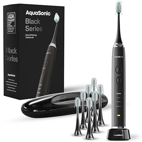 Aquasonic Black Series Ultra Whitening Toothbrush – ADA Accepted Power Toothbrush – 8 Brush Heads & Travel Case – 40,000 VPM Electric Motor & Wireless Charging – 4 Modes w Smart...