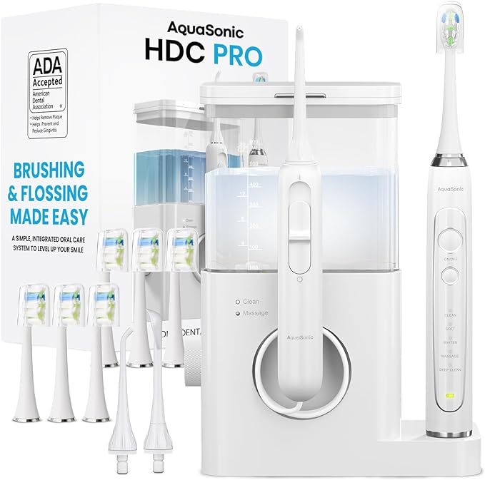 AquaSonic Home Dental Center PRO – Brushing & Flossing Made Easy – Brush & Floss – Power Toothbrush & Water Flosser – Whiter Teeth & Healthier Gums – ADA Approved(White)