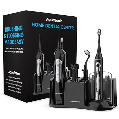 AquaSonic Home Dental Center Rechargeable Power Toothbrush & Smart Water Flosser – Complete Family Oral Care System – 10 Attachments and Tips Included – Various Modes & Timers...
