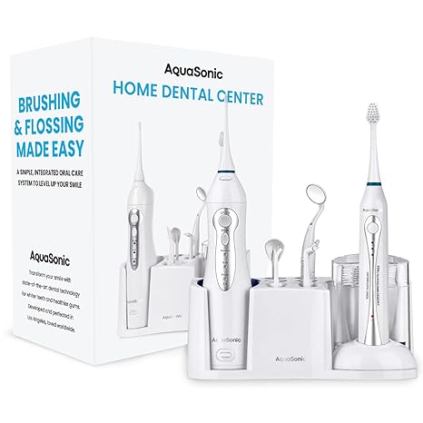 AquaSonic Home Dental Center Rechargeable Power Toothbrush & Smart Water Flosser – Complete Family Oral Care System – 10 Attachments and Tips Included – Various Modes & Timers...