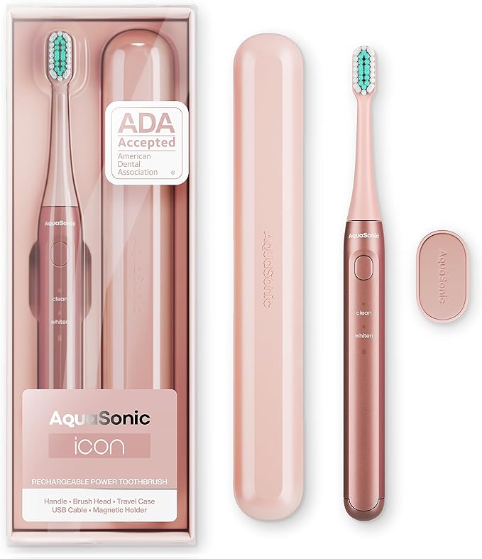Aquasonic Icon ADA-Accepted Rechargeable Toothbrush | Magnetic Holder & Slim Travel Case | 2 Brushing Modes & Smart Timers | Modern & Convenient (Blush)