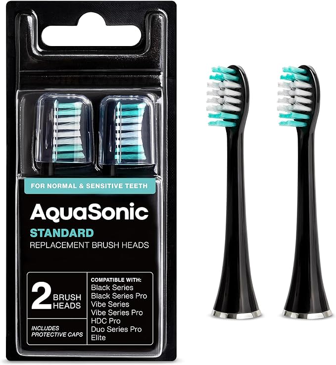 AquaSonic Standard Replacement Brush Heads | for Normal & Sensitive Teeth | Compatible with Many AquaSonic Toothbrush Handles (2 Pack Black)