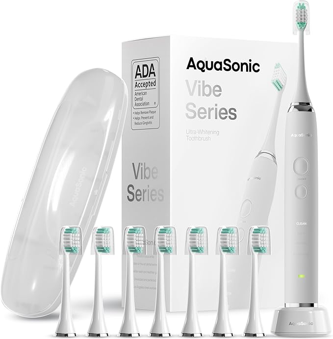 Aquasonic Vibe Series Ultra-Whitening Toothbrush – ADA Accepted Electric Toothbrush – 8 Brush Heads & Travel Case – 40,000 VPM Motor & Wireless Charging – 4 Modes w Smart Timer...