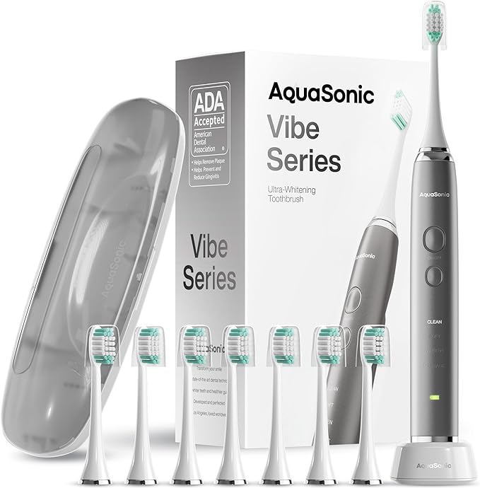 Aquasonic Vibe Series Ultra-Whitening Toothbrush – ADA Accepted Power Toothbrush – 8 Brush Heads & Travel Case – 40,000 VPM Motor & Wireless Charging – 4 Modes w Smart Timer –...