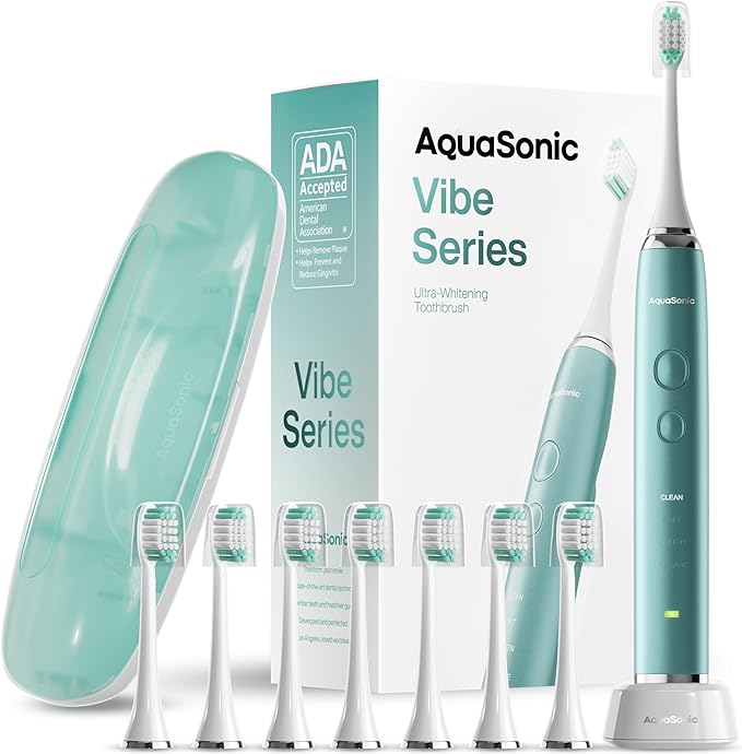 Aquasonic Vibe Series Ultra-Whitening Toothbrush – ADA Accepted Power Toothbrush – 8 Brush Heads & Travel Case – 40,000 VPM Motor & Wireless Charging – 4 Modes w Smart Timer –...
