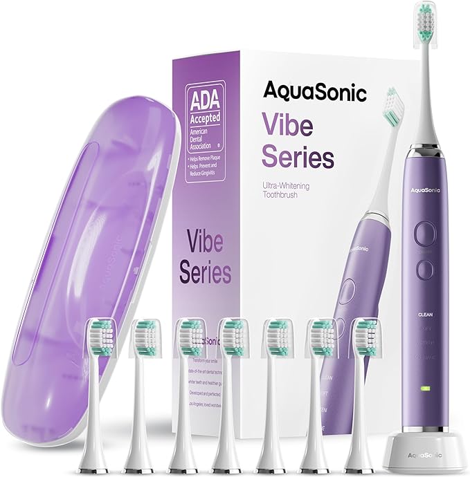Aquasonic Vibe Series Ultra-Whitening Toothbrush – ADA Accepted Power Toothbrush – 8 Brush Heads & Travel Case – 40,000 VPM Motor & Wireless Charging – 4 Modes w Smart Timer –...