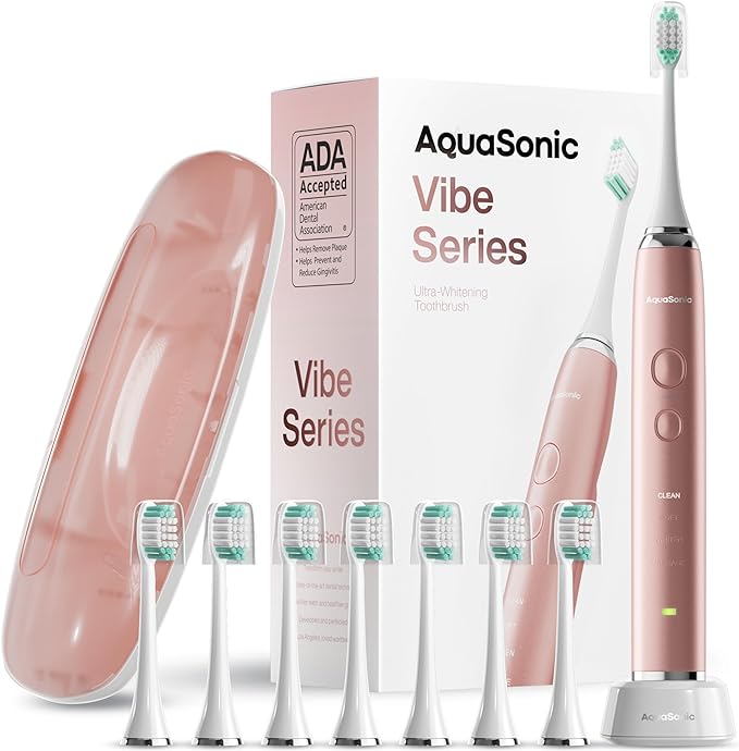 Aquasonic Vibe Series Ultra-Whitening Toothbrush – ADA Accepted Power Toothbrush – 8 Brush Heads & Travel Case – 40,000 VPM Motor & Wireless Charging – 4 Modes w Smart Timer –...