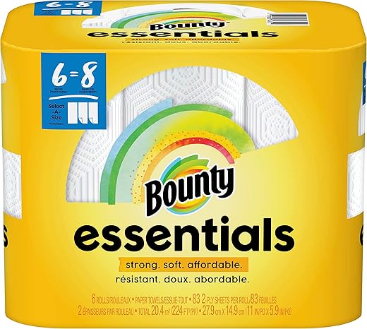 Bounty Essentials 2-Ply Paper Towels, Select-A-Size, 11" x 5 7/8", White, 83 Sheets Per Roll, Carton Of 6 Rolls