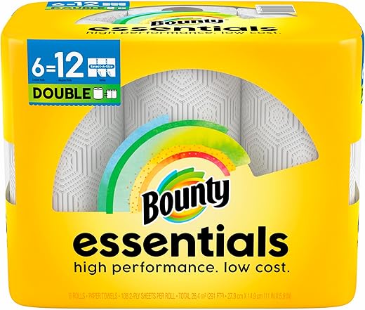 Bounty Essentials Select-A-Size Paper Towels, 6 Double Rolls, White, 108 Sheets Per Roll