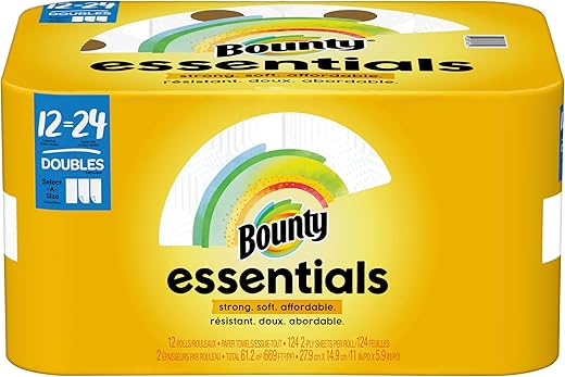Bounty Essentials Select-A-Size Paper Towels, White, 12 Double Rolls = 24 Regular Rolls, 12 Count