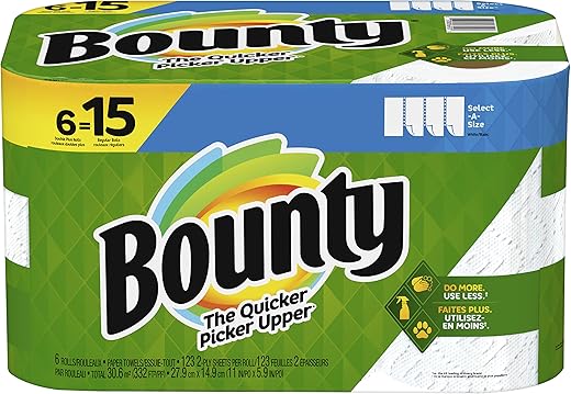 Bounty Select-A-Size 2-Ply Paper Towels, 17-11/16" x 11-3/4", White, 123 Sheets Per Roll, Pack Of 6 Rolls