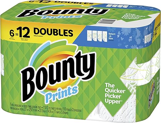 Bounty Select-A-Size Paper Towels, Print, 6 Double Rolls = 12 Regular Rolls
