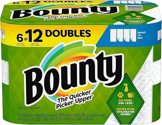 Bounty Select-A-Size Paper Towels, White, 6 Double Rolls = 12 Regular Rolls