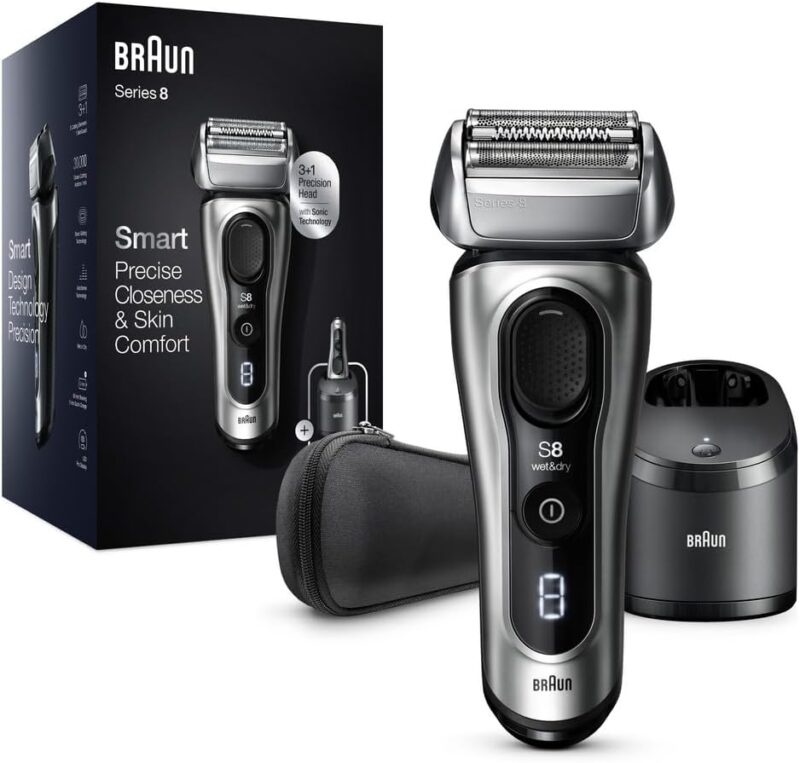 Braun Electric Razor for Men, Series 8 8457cc Electric Foil Shaver with Precision Beard Trimmer, Cleaning & Charging SmartCare Center, Galvano Silver