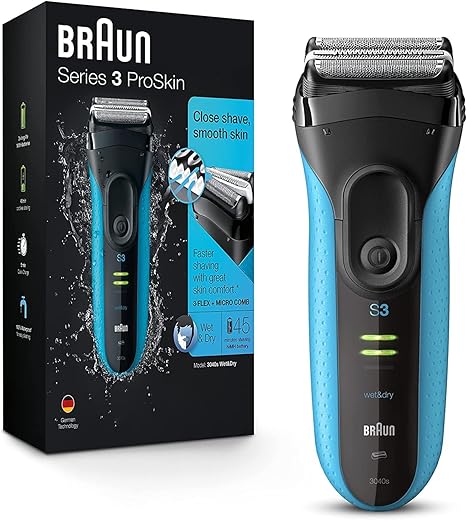 Braun Electric Series 3 Razor with Precision Trimmer, Rechargeable, Wet & Dry Foil Shaver for Men, Blue/Black, 4 Piece