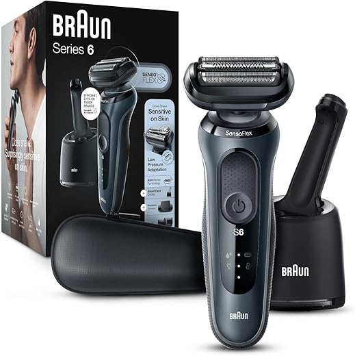 Braun Electric Shaver for Sensitive Skin, Wet & Dry Shave, Series 6 6075cc, With Beard Trimmer, Clean & Charge SmartCare Center, and Leather Travel Case, Rechargeable, Black