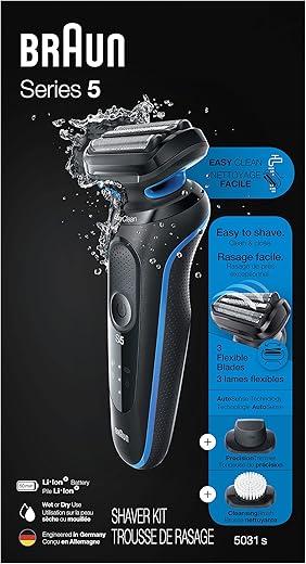 Braun Series 5 5031s Electric Shaver with Precision Trimmer and Cleansing Brush Attachments, Wet & Dry, Rechargeable, Cordless Foil Shaver, Battery Powered, Blue