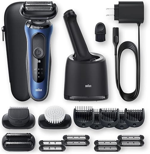 Braun Series 6 6095cc Electric Razor for Men with SmartCare Center, Beard Trimmer, Stubble Beard Trimmer, Cleansing Brush, Wet & Dry, Rechargeable, Cordless Foil Shaver, Blue