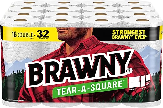 Brawny® Tear-A-Square® Paper Towels, 16 Double Rolls = 32 Regular Rolls