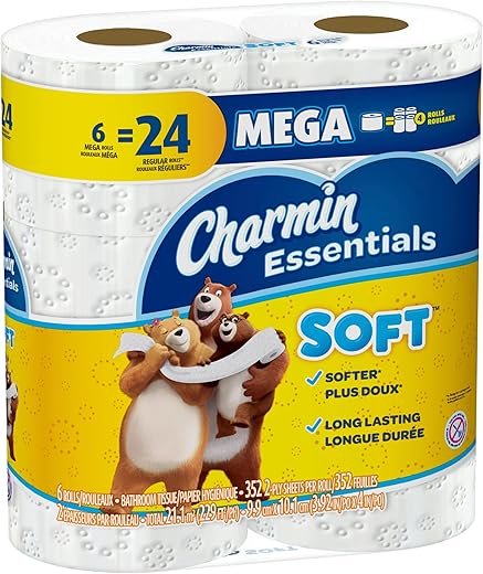Charmin, Essentials Soft 2-Ply Mega Toilet Paper, 352 Sheets Per Roll, Pack of 6 Rolls