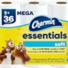 Charmin Essentials Soft Toilet Paper, 9 Mega Rolls = 36 Regular Rolls