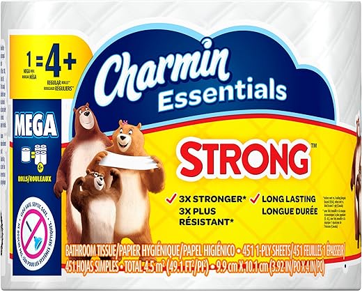 Charmin® Essentials® Strong 1-Ply Mega Roll Toilet Paper, 451 Sheets Per Roll, Pack Of 36 Rolls