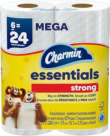 Charmin Essentials Strong 2-Ply Toilet Paper Rolls, 10" x 5-1/4", White, 429 Sheets Per Roll, Pack Of 6 Rolls