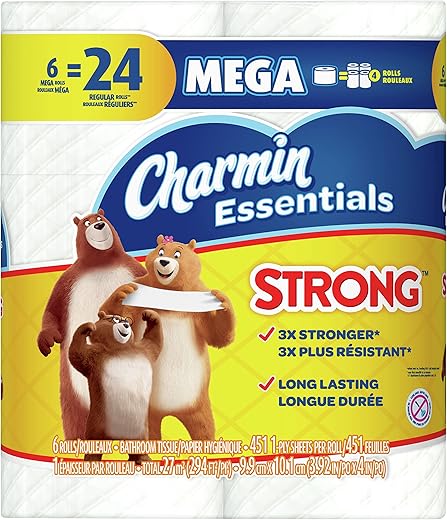 Charmin Essentials Strong Toilet Paper 6 Mega Rolls, 451 sheets per roll
