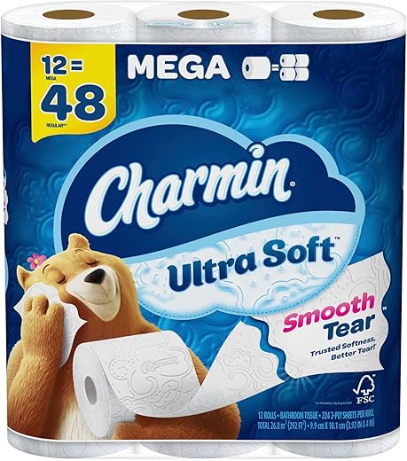Charmin Ultra-Soft 2-Ply Toilet Paper Mega Rolls, 4" x 4", White, 224 Sheets Per Roll, Pack Of 12 Rolls