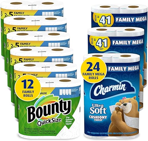 Charmin Ultra Soft Cushiony Touch Toilet Paper, 24 Family Mega Rolls and Bounty Quick-Size Paper Towels,12 Family Rolls, Bundle (Packaging May Vary)
