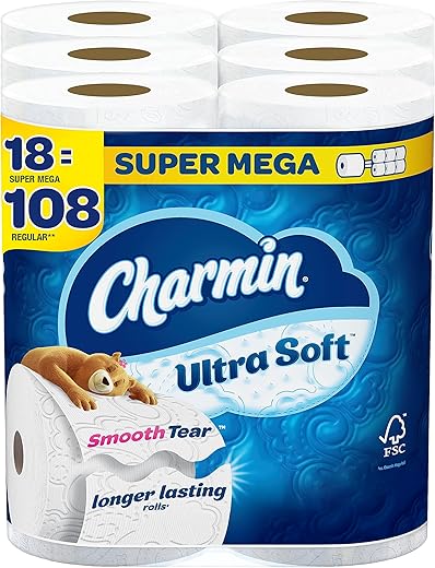 Charmin Ultra Soft Toilet Paper 18 Super Mega Rolls = 108 Regular Rolls
