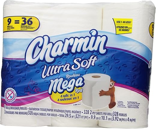 Charmin Ultra Soft Toilet Paper 9 Mega Rolls = 36 Regular Rolls