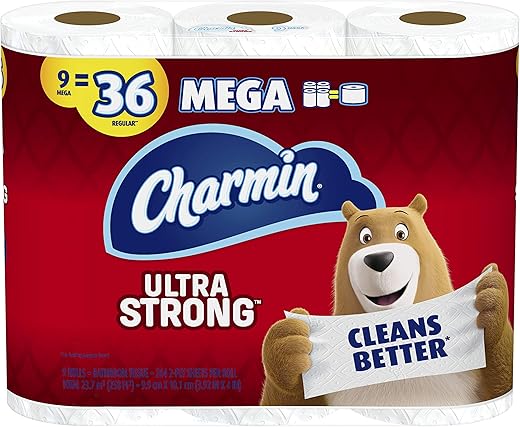 Charmin Ultra Strong Toilet Paper, 9 Mega Rolls = 36 Regular Rolls (Prime Pantry) (Packaging May Vary)
