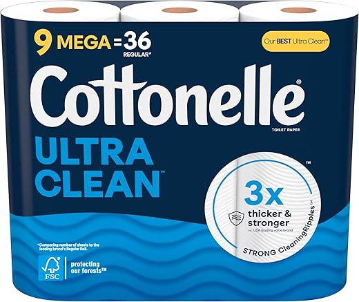 Cottonelle Ultra Clean Toilet Paper, 9 Mega Rolls (9 Mega Rolls = 36 Regular Rolls), 284 Sheets Per Roll, Packaging May Vary