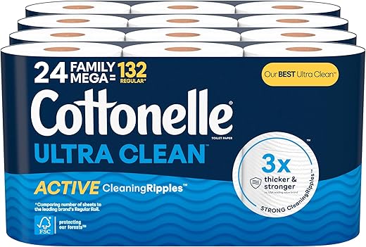 Cottonelle Ultra Clean Toilet Paper with Active CleaningRipples Texture, 24 Family Mega Rolls (24 Family Mega Rolls = 132 Regular Rolls) (4 Packs...
