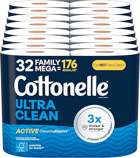 Cottonelle Ultra Clean Toilet Paper with Active CleaningRipples Texture, 32 Family Mega Rolls (32 Family Mega Rolls = 176 Regular Rolls) (8 Packs...