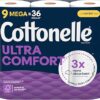 Cottonelle Ultra Comfort Toilet Paper, 9 Mega Rolls (9 Mega Rolls = 36 Regular Rolls), 244 Sheets per Roll, Packaging May Vary