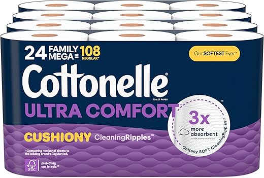 Cottonelle Ultra Comfort Toilet Paper with Cushiony CleaningRipples Texture, 24 Family Mega Rolls (24 Family Mega Rolls = 108 Regular Rolls) (4 Packs of 6), 296 Sheets per Roll,...