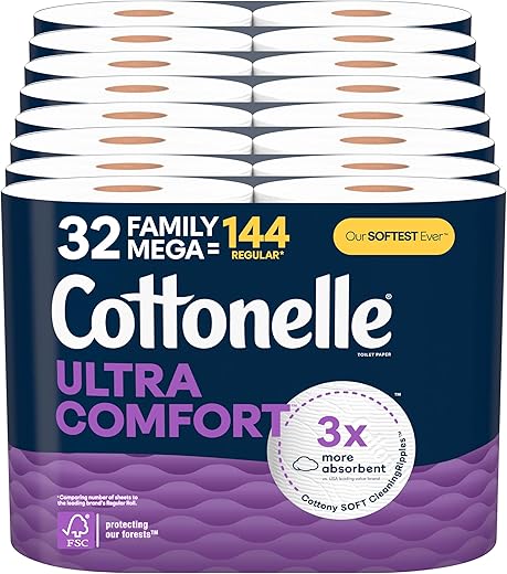 Cottonelle Ultra Comfort Toilet Paper with Cushiony CleaningRipples Texture, 32 Family Mega Rolls (32 Family Mega Rolls = 144 Regular Rolls) (8 Packs of 4), 296 Sheets per Roll,...