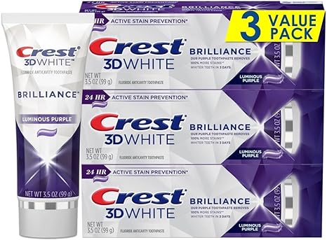 Crest 3D White Brilliance Purple Teeth Whitening Toothpaste – Pack of 3, 3.5 oz Tubes – Anticavity Fluoride Toothpaste -100% More Surface Stain Removal – 24 Hour Active Stain...